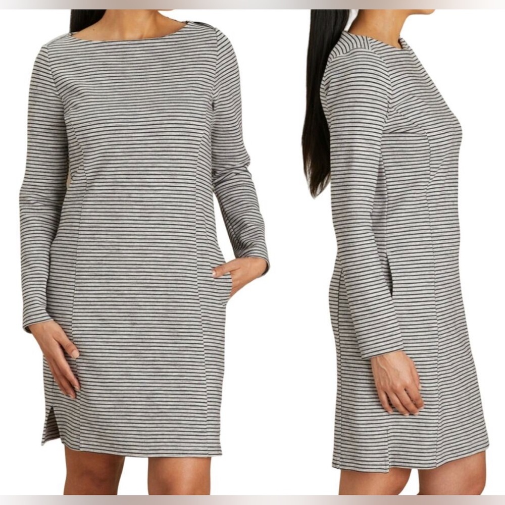 Duluth Women’s L Gray/Black Long Sleeve Round Neck Striped Pockets Stretch Dress